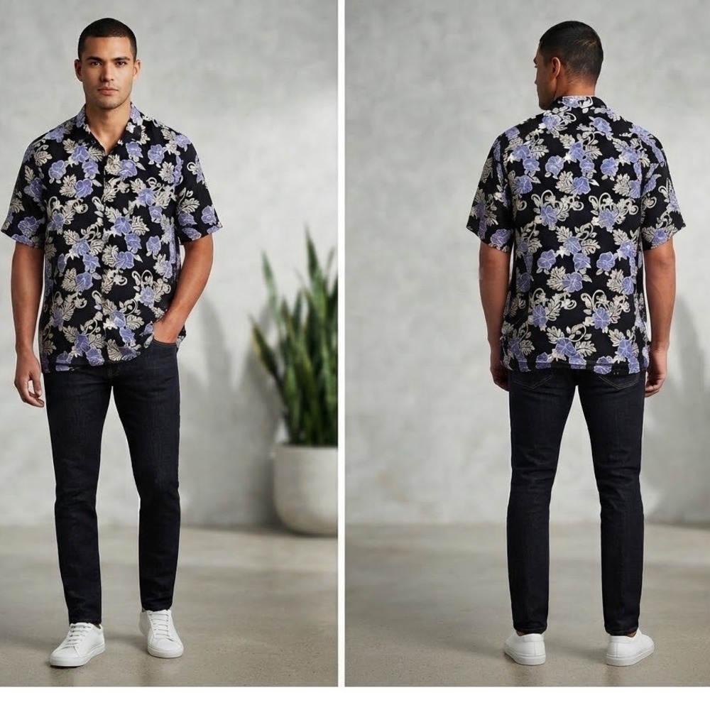 Vintage Silk Men's XL Hawaiian Shirt Black Blue Floral Silk Linen Short Sleeve